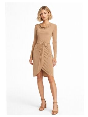 Ted Baker Neyda Draped Jersey Dress In Camel Tan 16 Long Sleeve